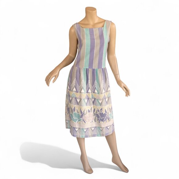 Vintage 80s Pastel Striped & Tulip Print Cotton Dress – Size Large - Picture 1 of 14